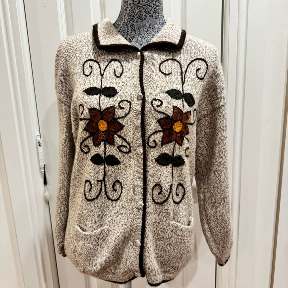 Embroidered Floral Knit Cottagecore Oatmeal Colored Cardigan with Buttons